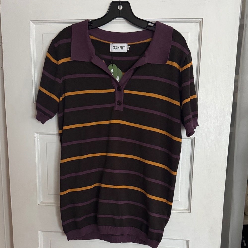 OXXNIT Striped Polo Sweater in Black, Purple & Mustard XL 1X